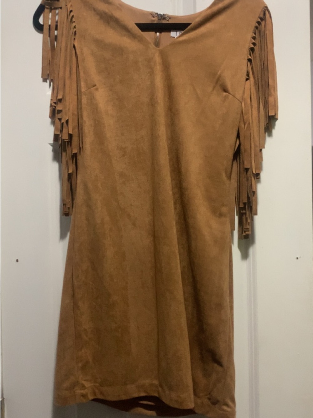 Fringe Sleeve Faux Suede Shift Dress - Camel
